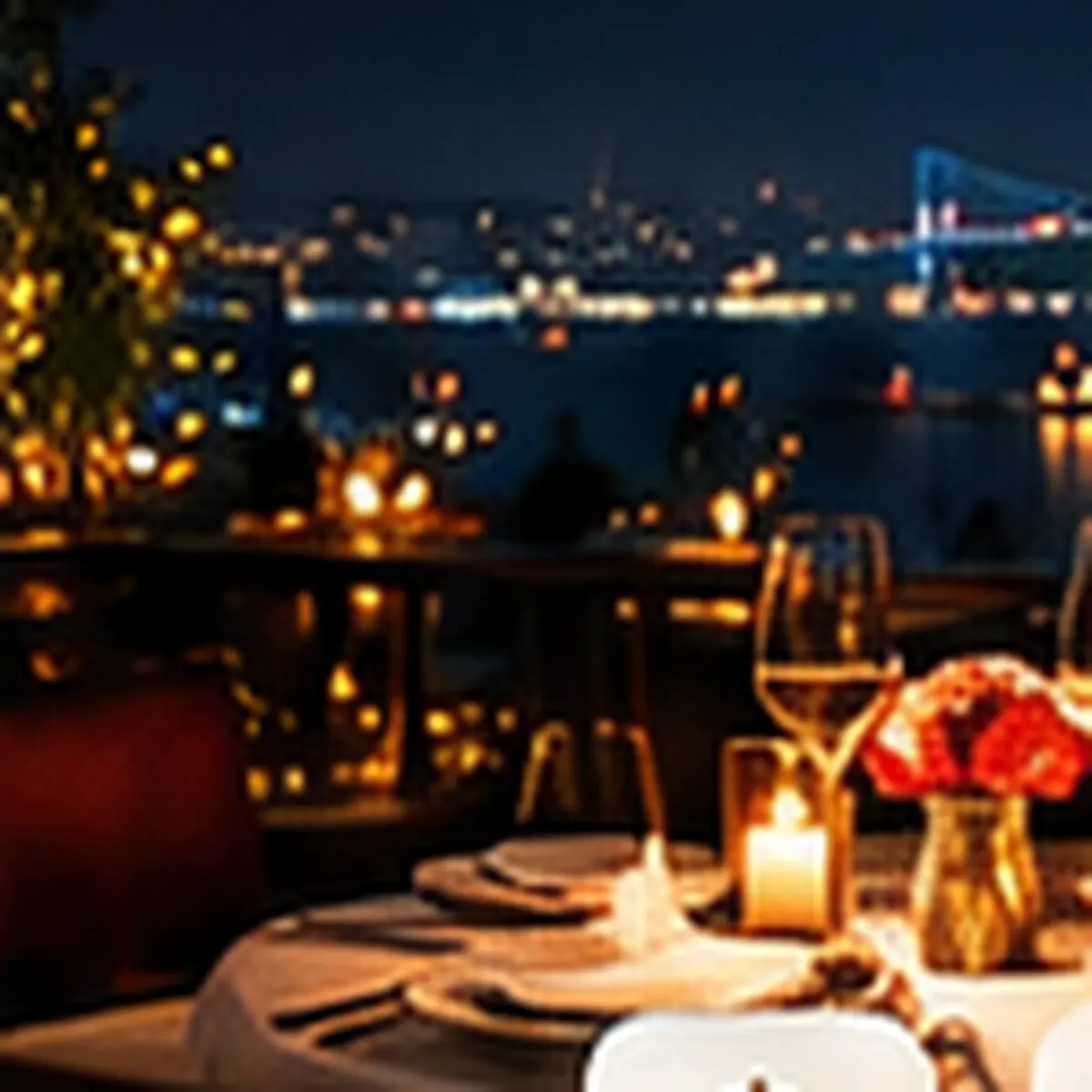 A candle-lit table for two on a Bosphorus terrace