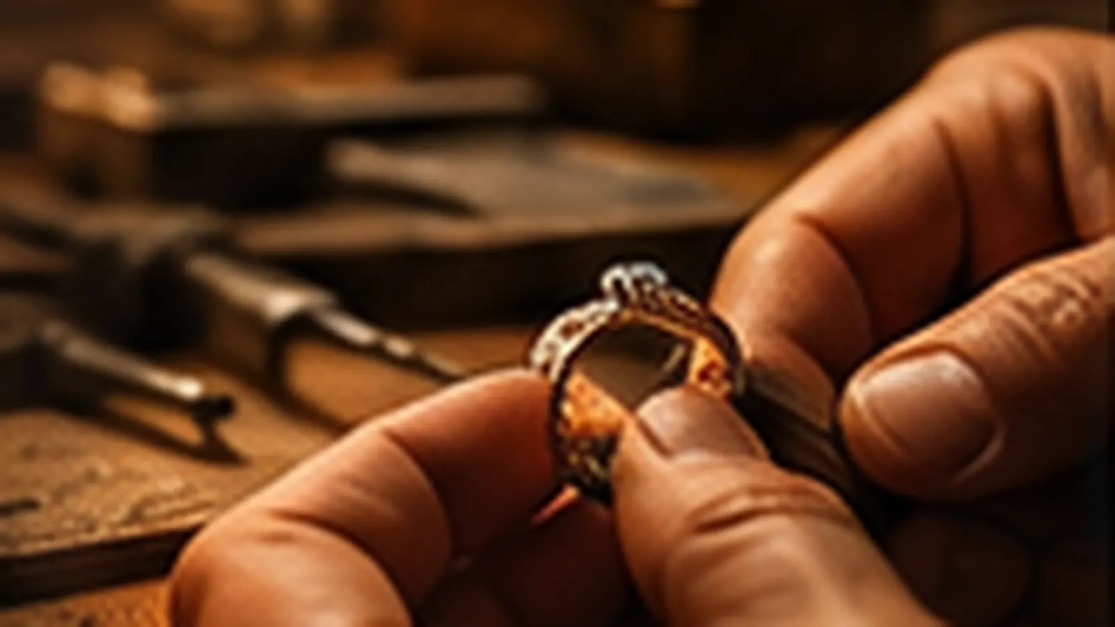 Hands of a goldsmith holding a ring at a workbench