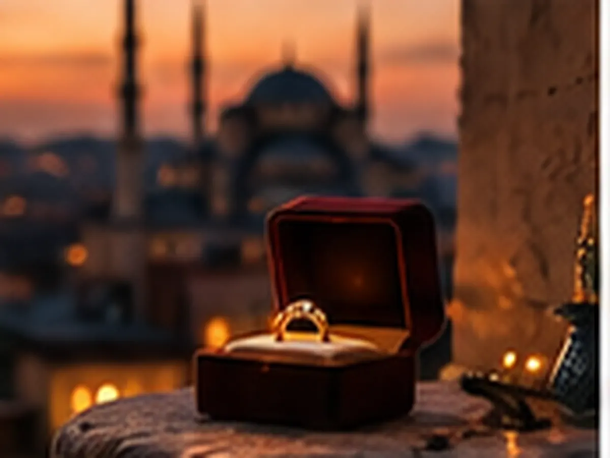 A ring box on a terrace at sunset